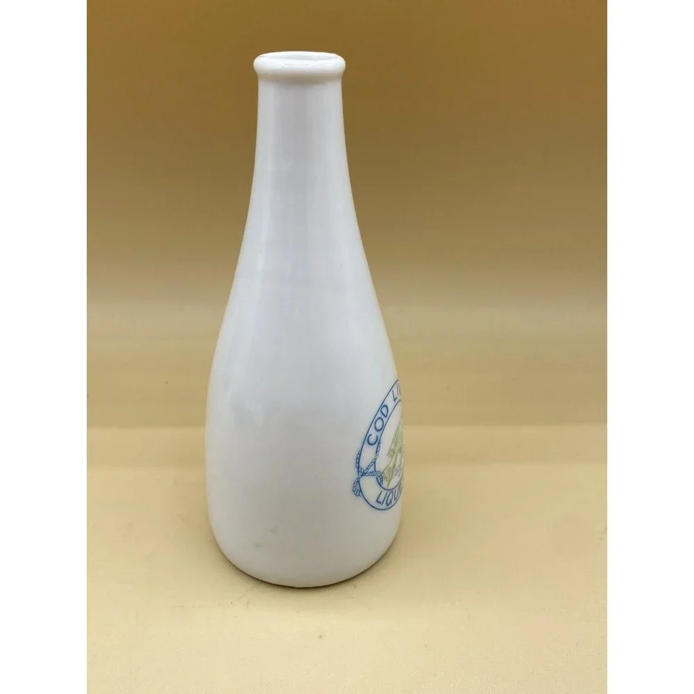 Vintage Cod Liver Liqueur White 6” Bottle Fish Logo Apothecary